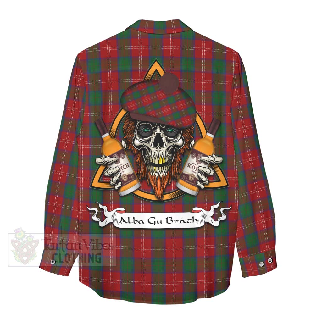 Tartan Vibes Clothing Chisholm Tartan Women's Casual Shirt with Family Crest and Bearded Skull Holding Bottles of Whiskey