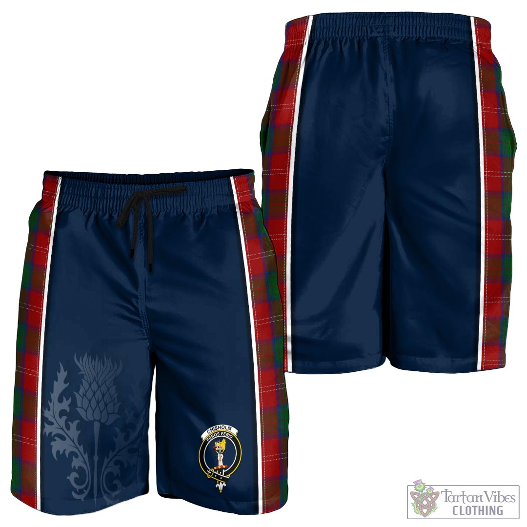 Tartan Vibes Clothing Chisholm Tartan Men's Shorts with Family Crest and Scottish Thistle Vibes Sport Style