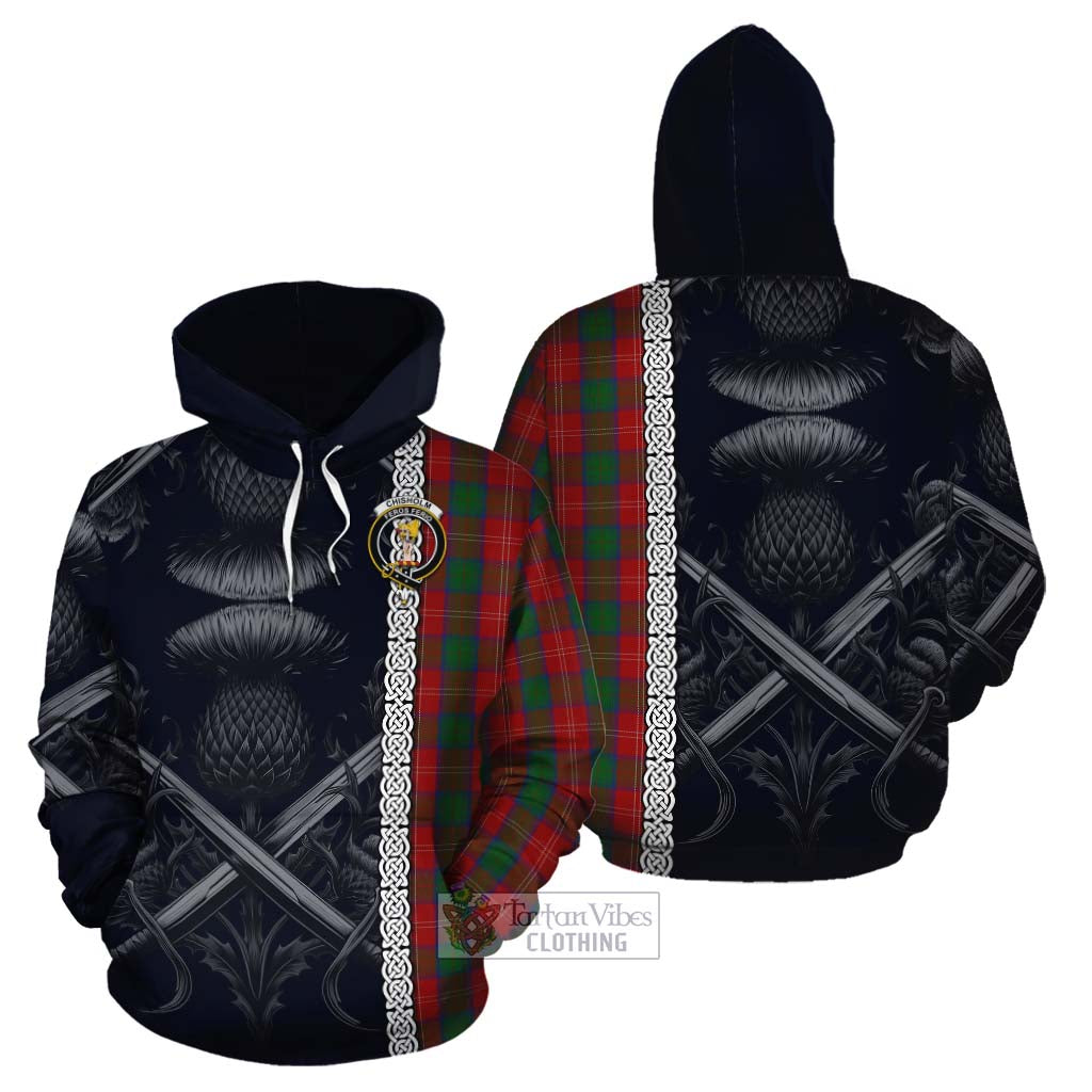 Tartan Vibes Clothing Chisholm Tartan Cotton Hoodie with Family Crest Cross Sword Thistle Celtic Vibes