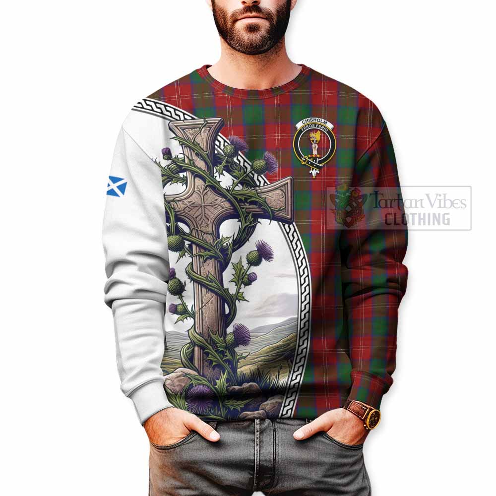 Tartan Vibes Clothing Chisholm Tartan Sweatshirt with Family Crest and St. Andrew's Cross Accented by Thistle Vines