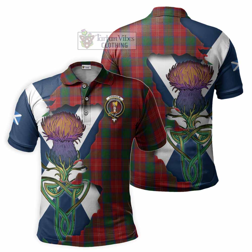 Tartan Vibes Clothing Chisholm Tartan Family Crest Polo Shirt Scottish Thistle Celtic Inspired