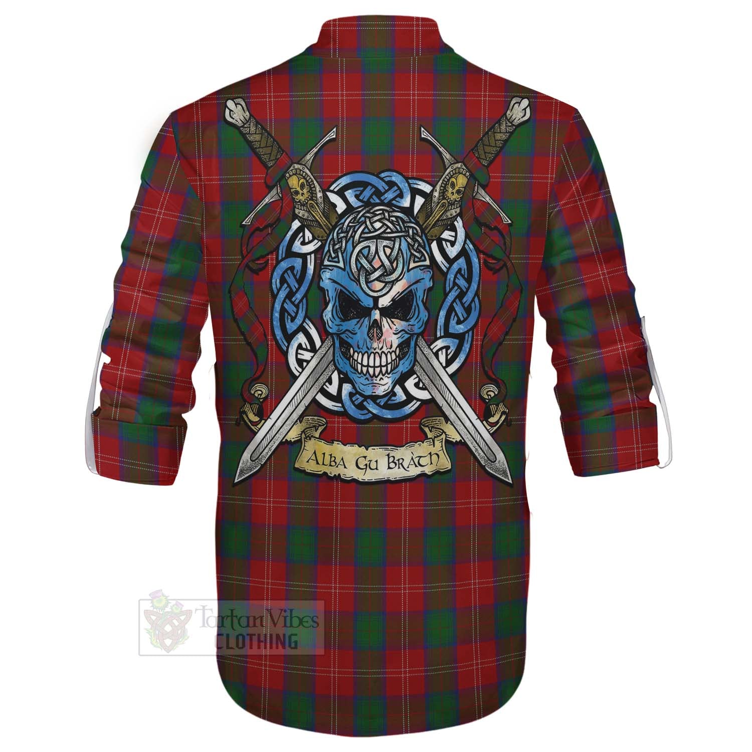 Tartan Vibes Clothing Chisholm Tartan Ghillie Kilt Shirt with Family Crest Celtic Skull Style