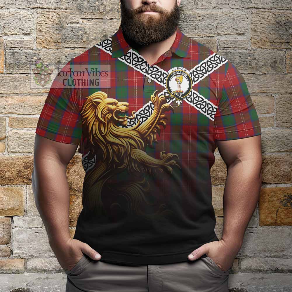 Tartan Vibes Clothing Chisholm Crest Tartan Polo Shirt with Golden Lion Emblem Celtic Style