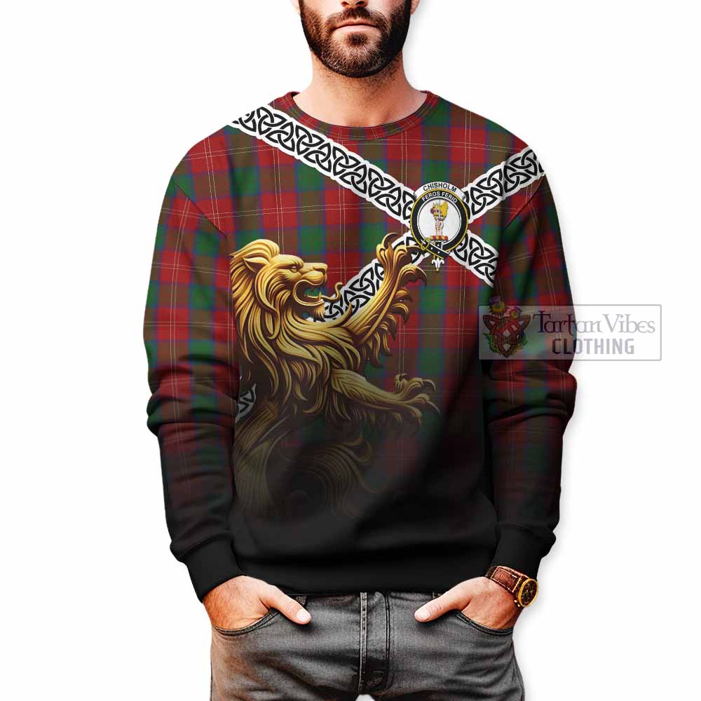 Tartan Vibes Clothing Chisholm Crest Tartan Sweatshirt with Golden Lion Emblem Celtic Style