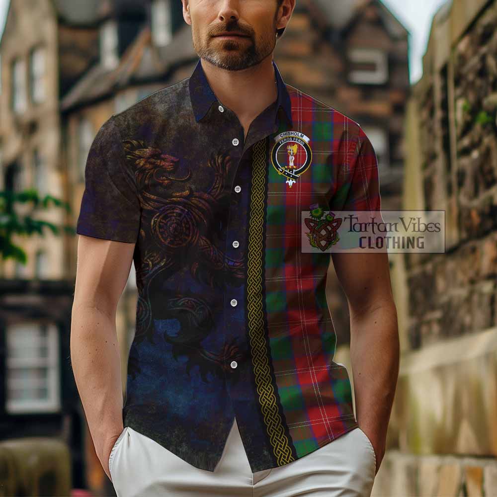 Tartan Vibes Clothing Chisholm Tartan Family Crest Short Sleeve Button Shirt Alba Gu Brath Be Brave Lion Ancient Style