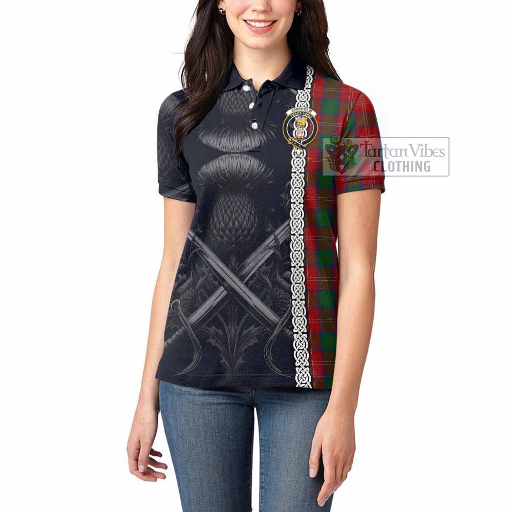 Tartan Vibes Clothing Chisholm Tartan Women's Polo Shirt with Family Crest Cross Sword Thistle Celtic Vibes