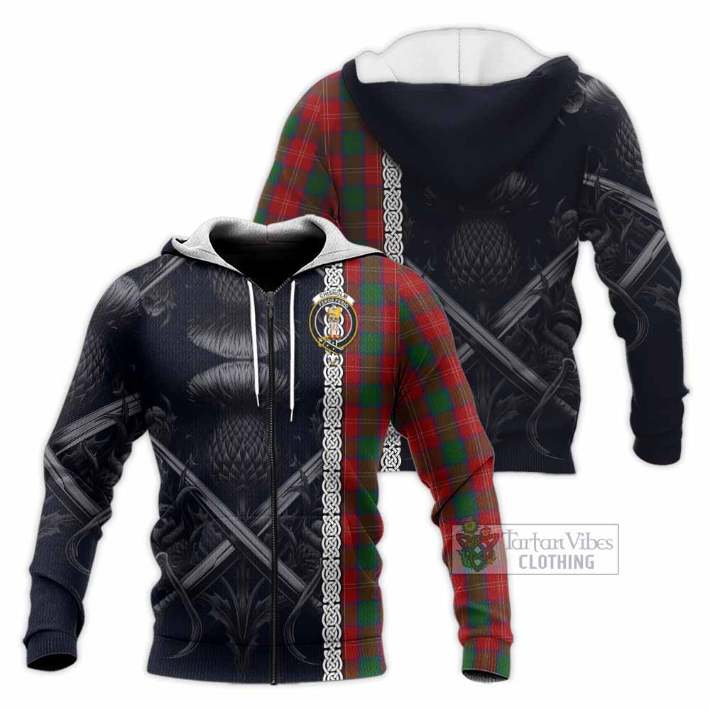 Tartan Vibes Clothing Chisholm Tartan Knitted Hoodie with Family Crest Cross Sword Thistle Celtic Vibes