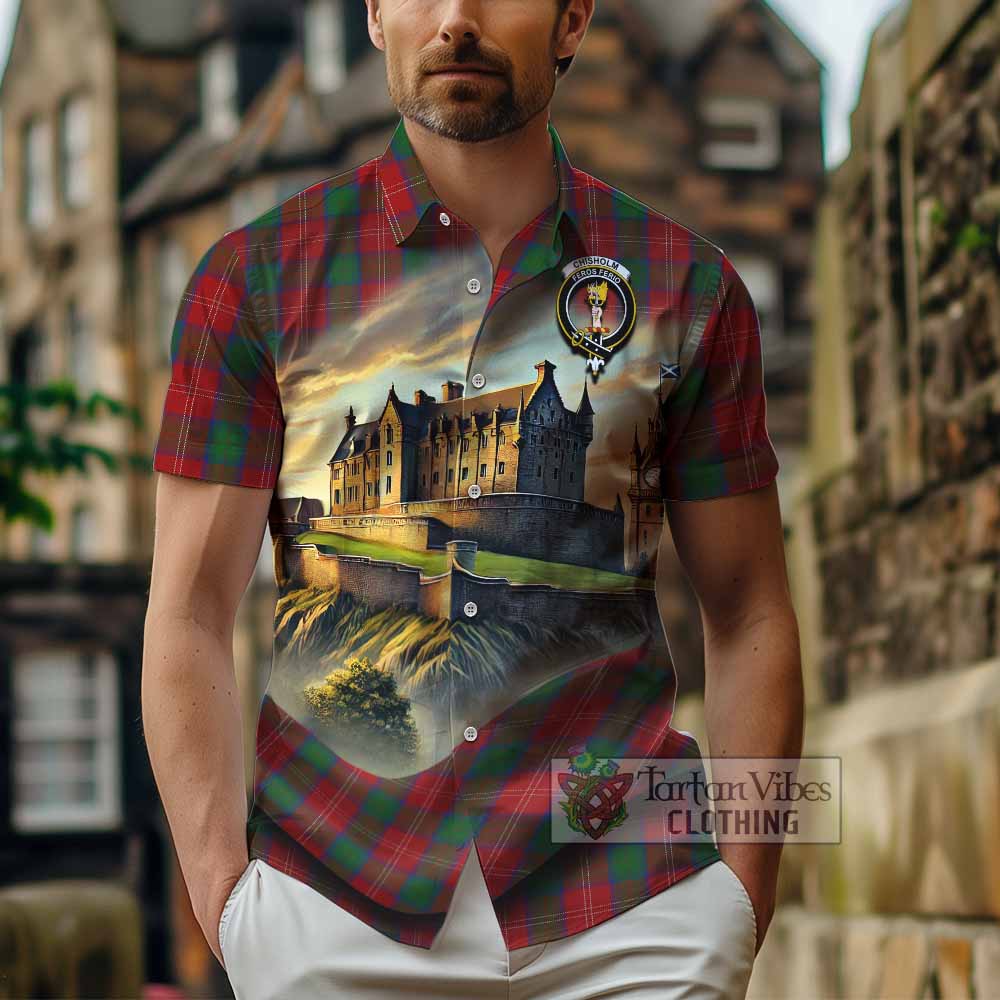 Tartan Vibes Clothing Chisholm Tartan Family Crest Short Sleeve Button Shirt with Scottish Ancient Castle Style