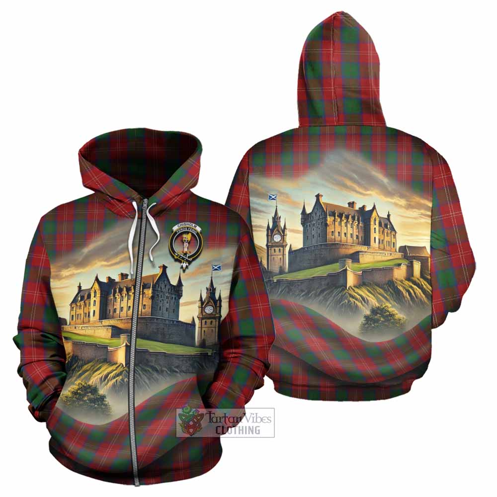 Tartan Vibes Clothing Chisholm Tartan Family Crest Hoodie with Scottish Ancient Castle Style