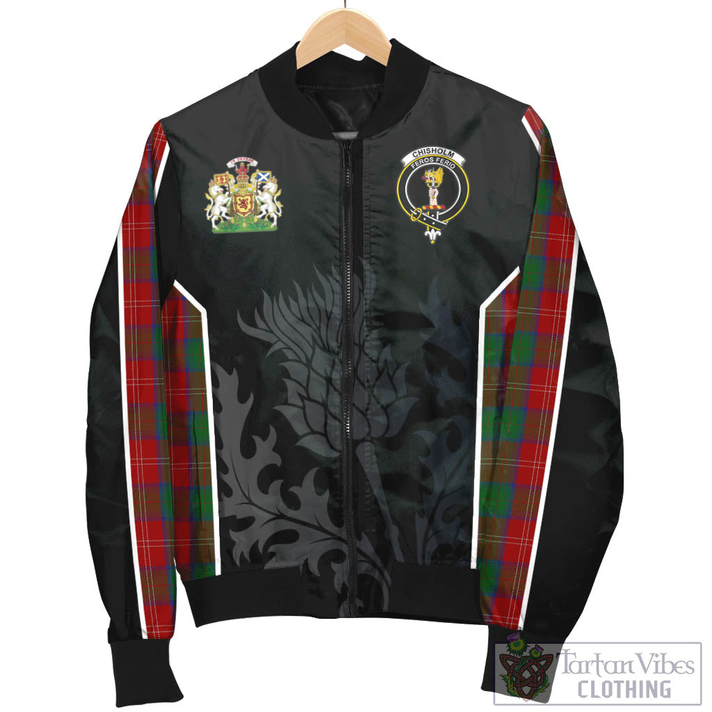 Tartan Vibes Clothing Chisholm Tartan Bomber Jacket with Family Crest and Scottish Thistle Vibes Sport Style