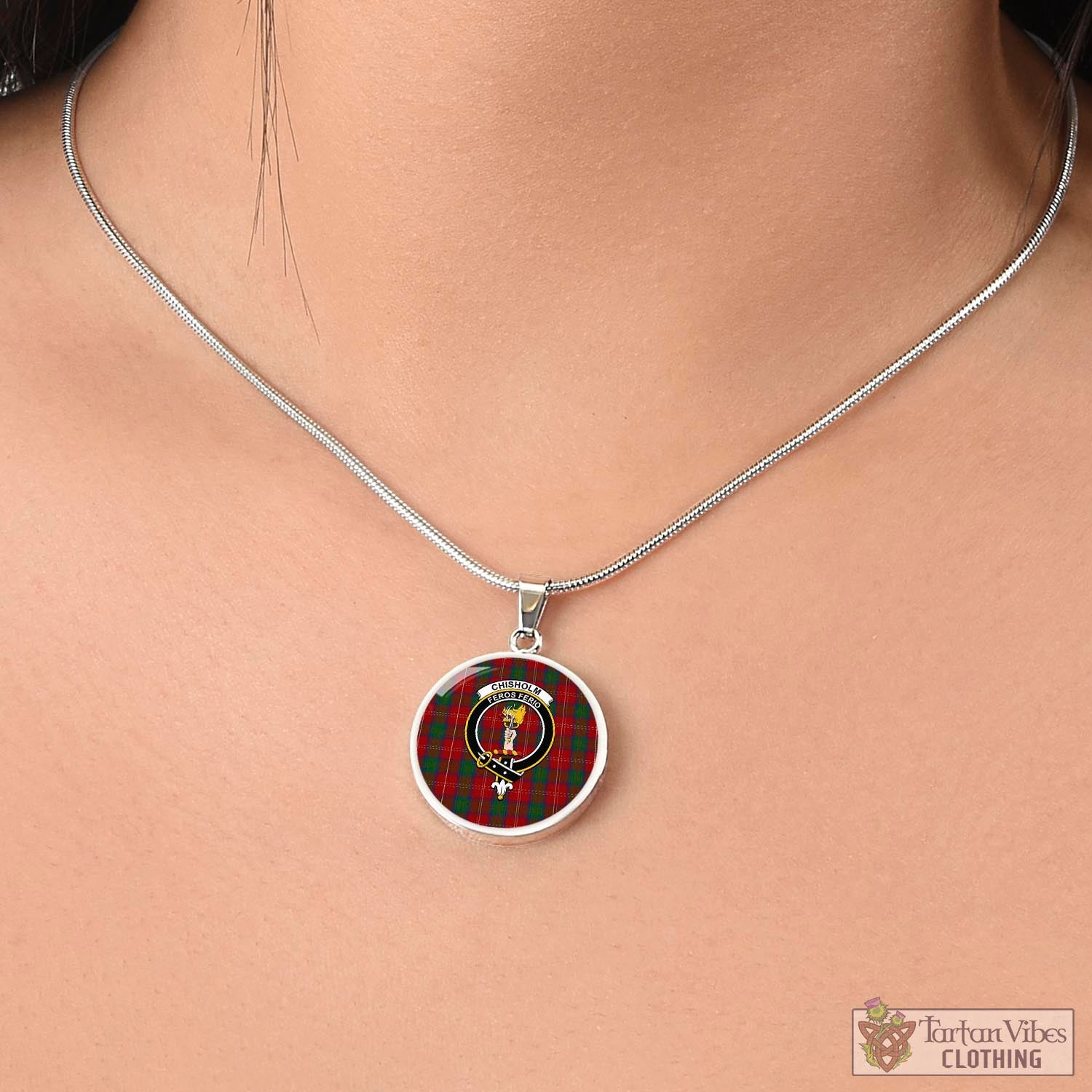 Tartan Vibes Clothing Chisholm Tartan Circle Necklace with Family Crest