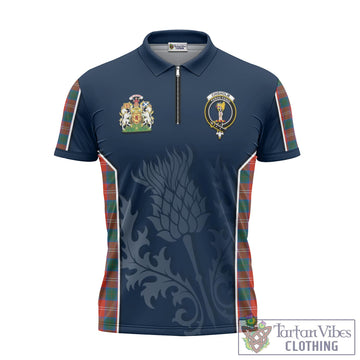 Chisholm Ancient Tartan Zipper Polo Shirt with Family Crest and Scottish Thistle Vibes Sport Style