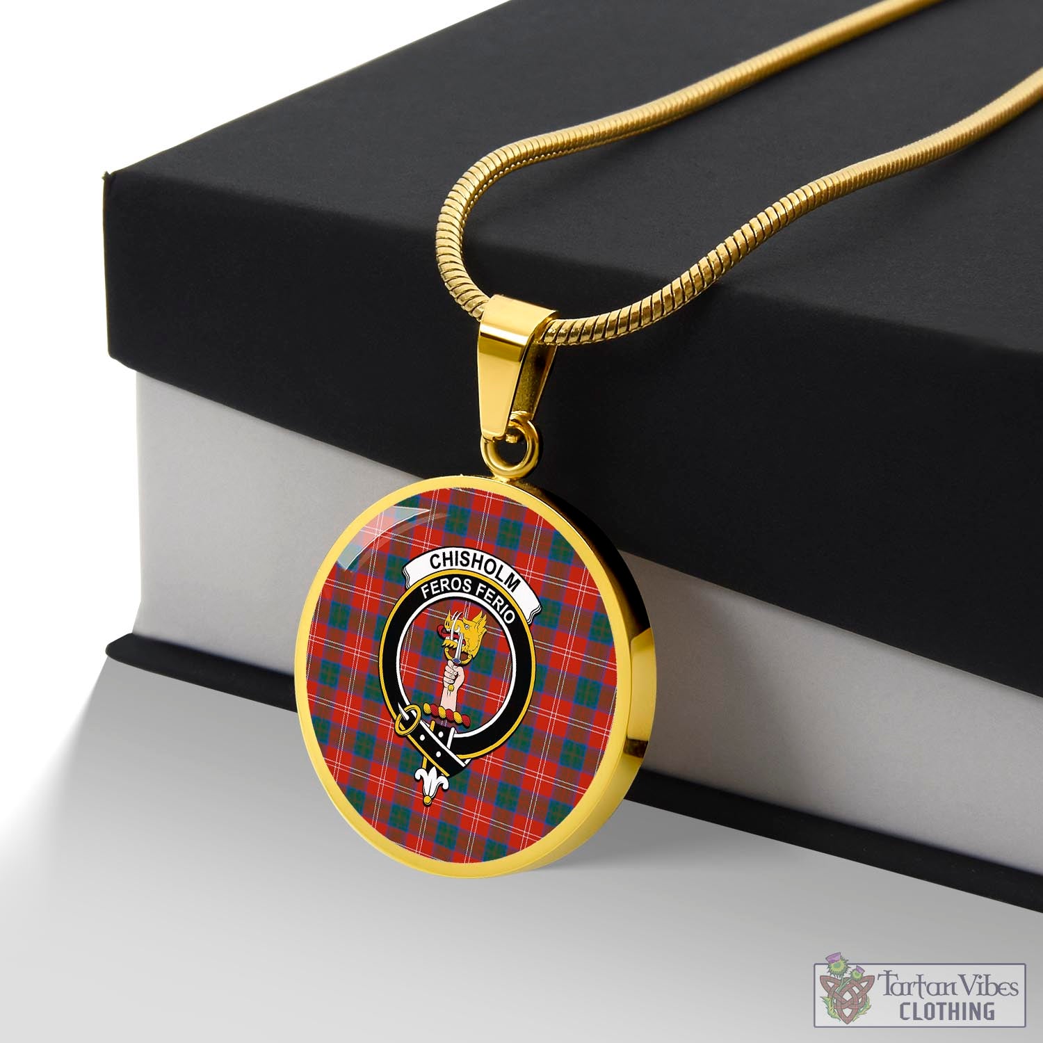 Tartan Vibes Clothing Chisholm Ancient Tartan Circle Necklace with Family Crest