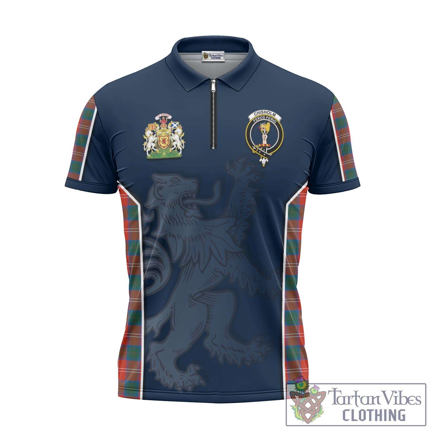 Tartan Vibes Clothing Chisholm Ancient Tartan Zipper Polo Shirt with Family Crest and Lion Rampant Vibes Sport Style