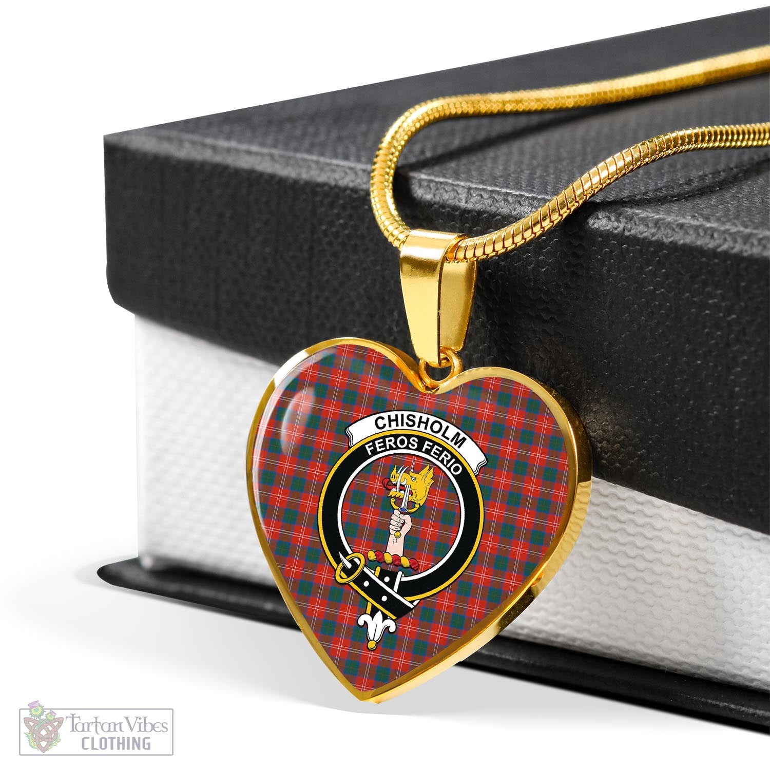 Tartan Vibes Clothing Chisholm Ancient Tartan Heart Necklace with Family Crest