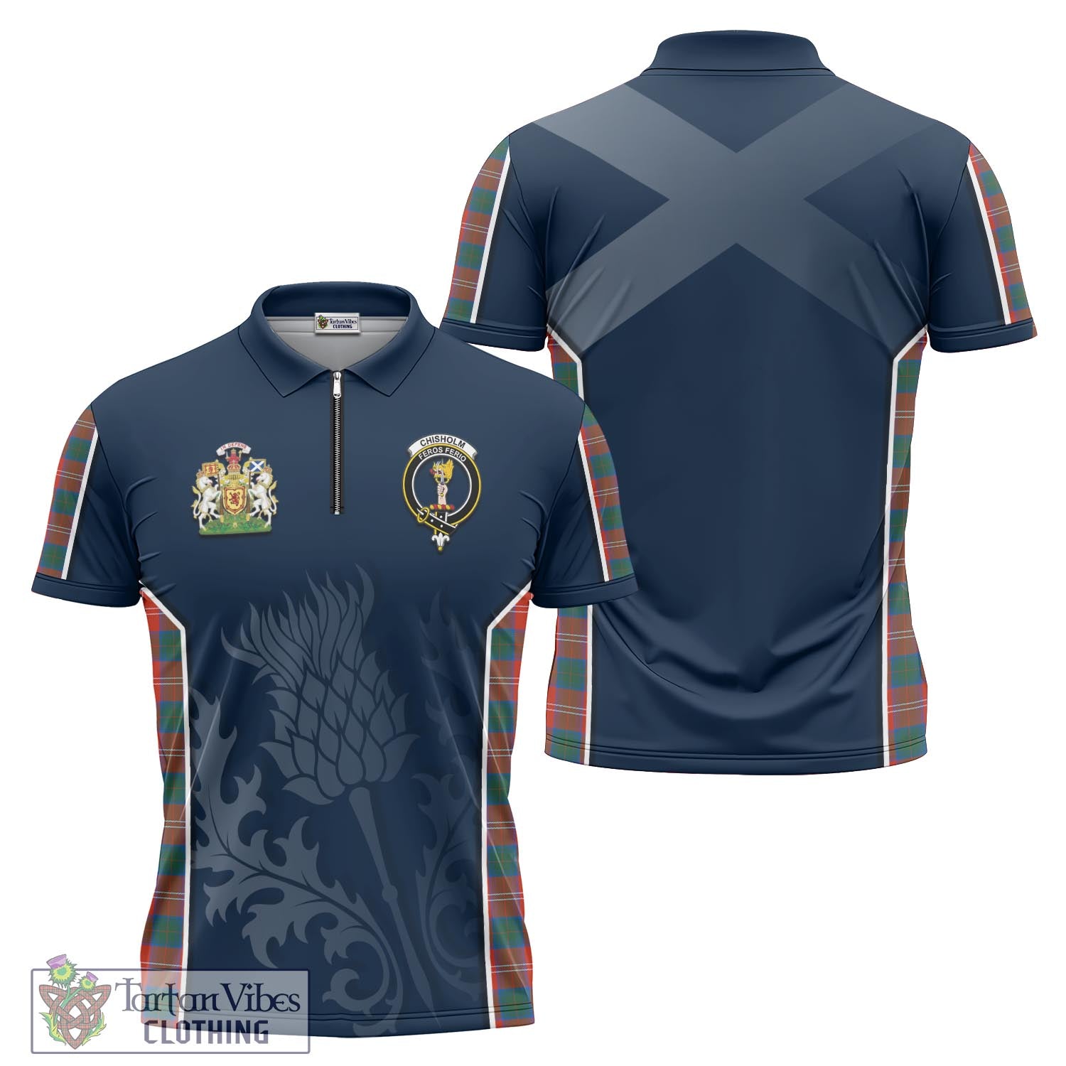 Tartan Vibes Clothing Chisholm Ancient Tartan Zipper Polo Shirt with Family Crest and Scottish Thistle Vibes Sport Style