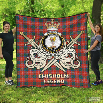 Chisholm Ancient Tartan Quilt with Clan Crest and the Golden Sword of Courageous Legacy