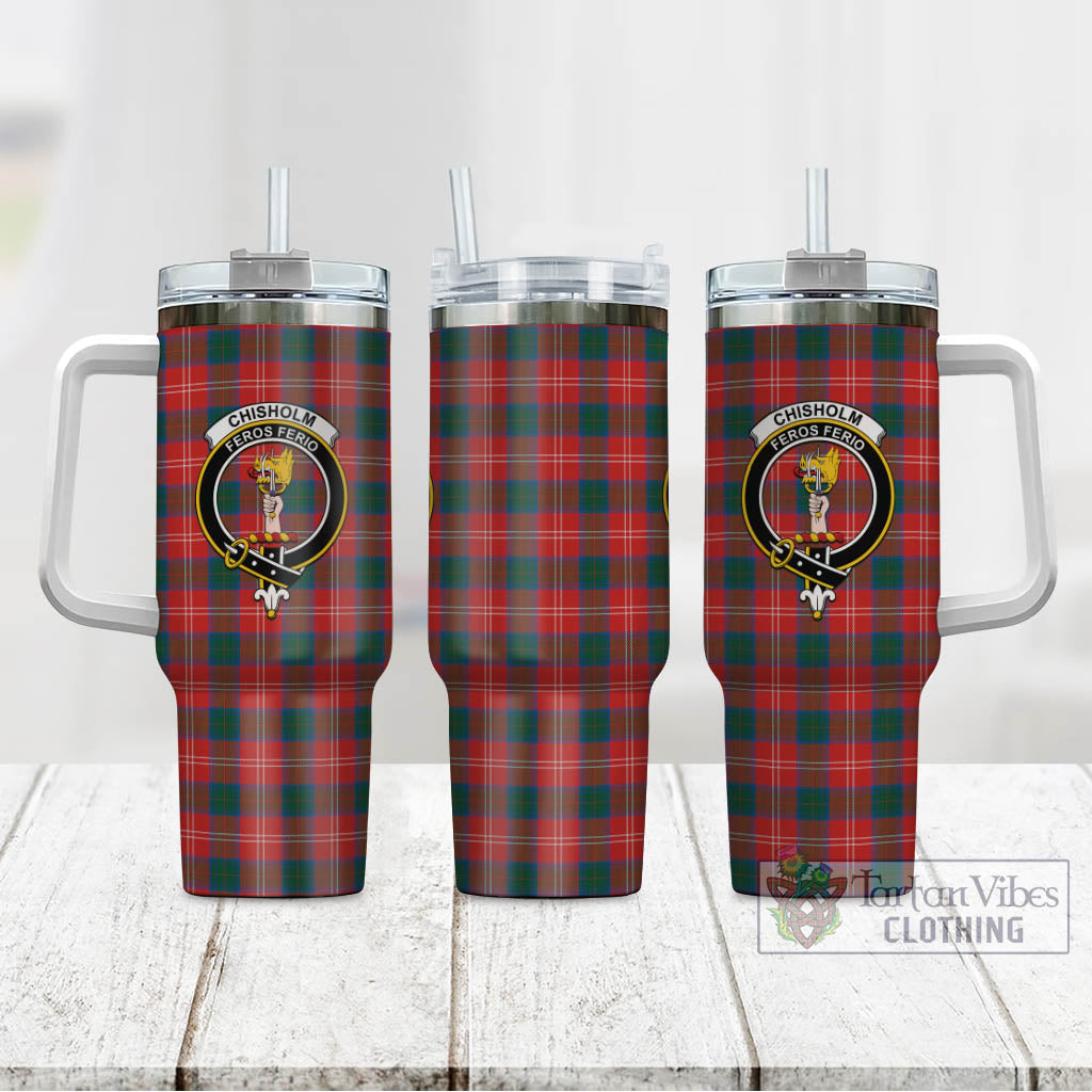 Tartan Vibes Clothing Chisholm Ancient Tartan and Family Crest Tumbler with Handle