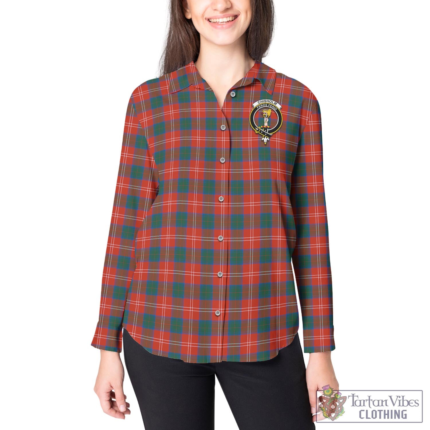 Tartan Vibes Clothing Chisholm Ancient Tartan Womens Casual Shirt with Family Crest