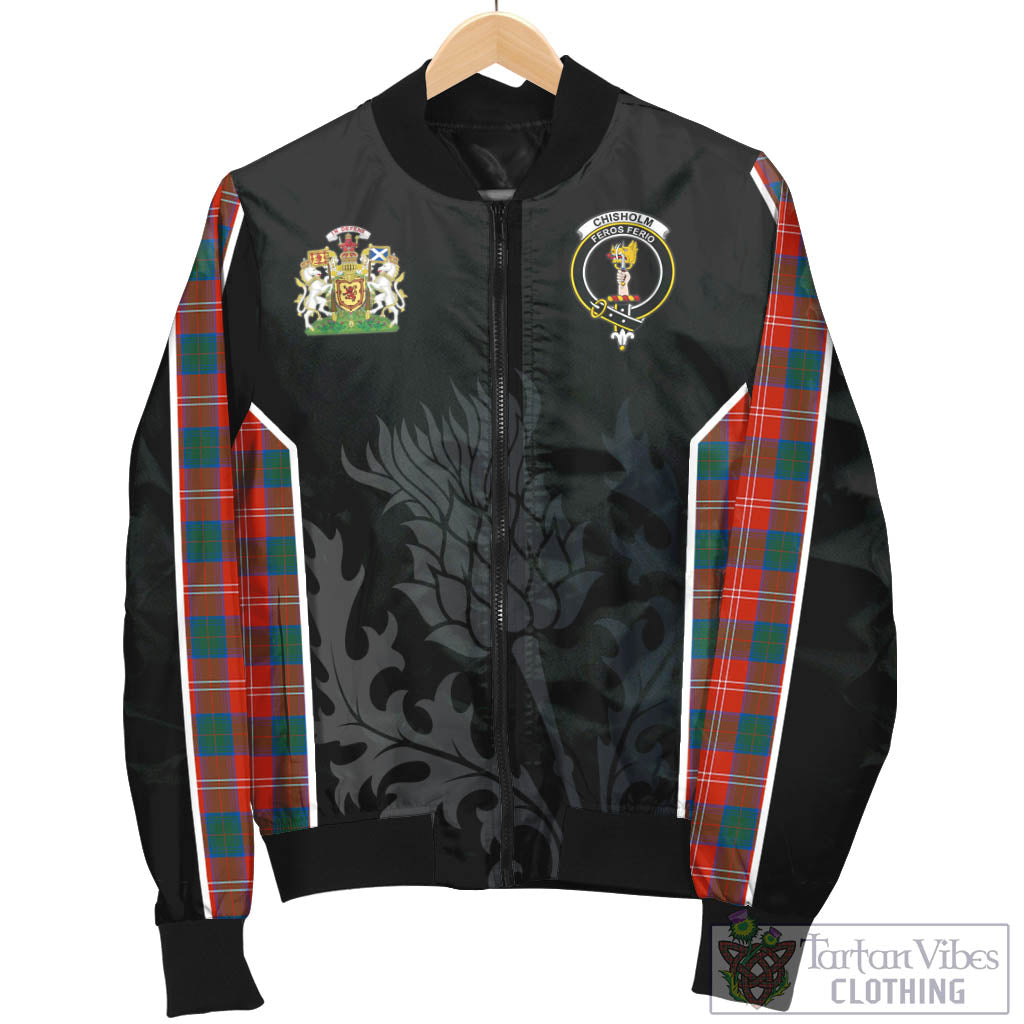 Tartan Vibes Clothing Chisholm Ancient Tartan Bomber Jacket with Family Crest and Scottish Thistle Vibes Sport Style