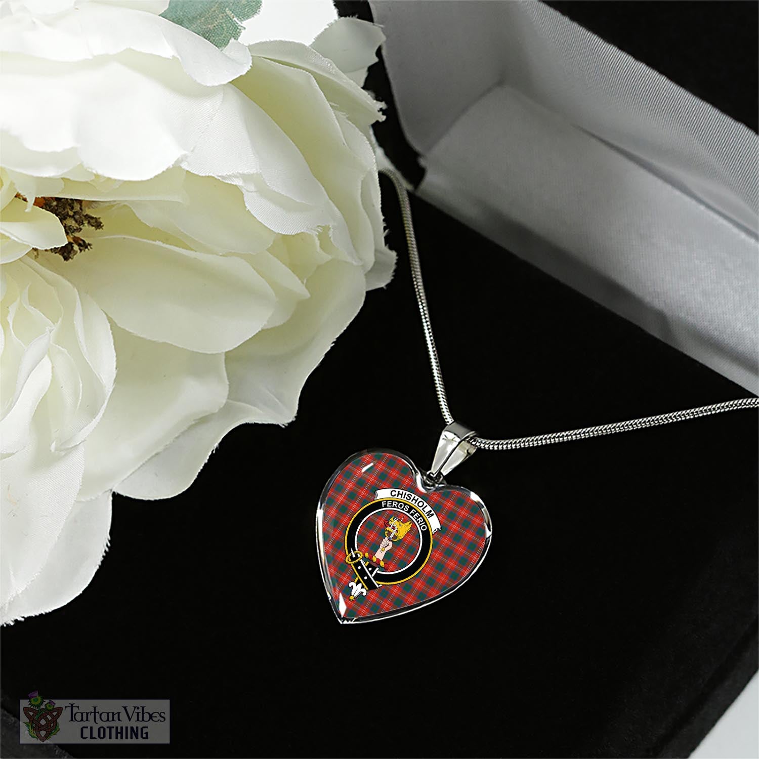 Tartan Vibes Clothing Chisholm Ancient Tartan Heart Necklace with Family Crest