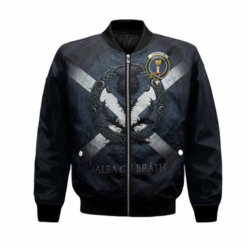 Chisholm Clan Crest Bomber Jacket with Celtic Knot Thistle and Saltire