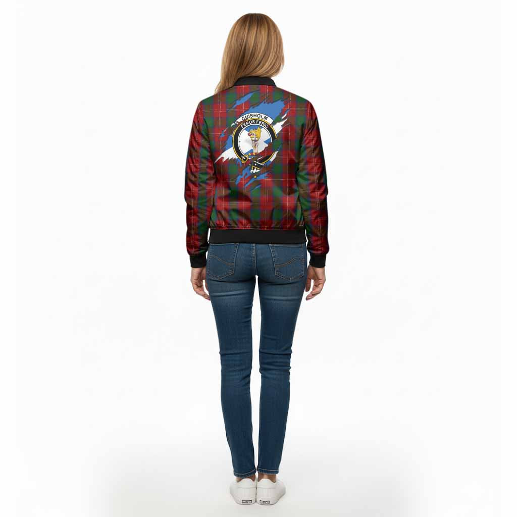 Chisholm Clan Crest In Me Tartan Bomber Jacket Scotland Flag Style