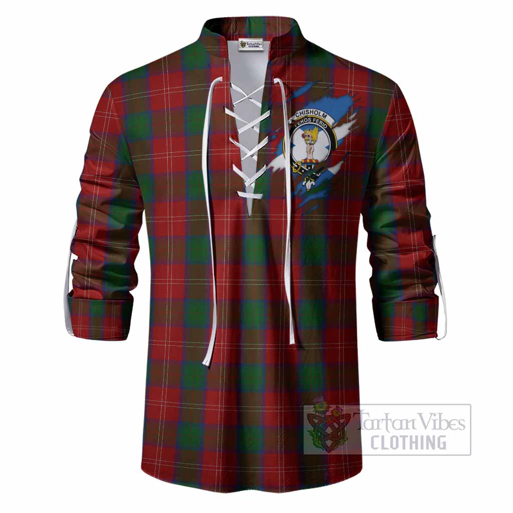 Chisholm Clan Crest In Me Tartan Ghillie Shirt Scotland Flag Style