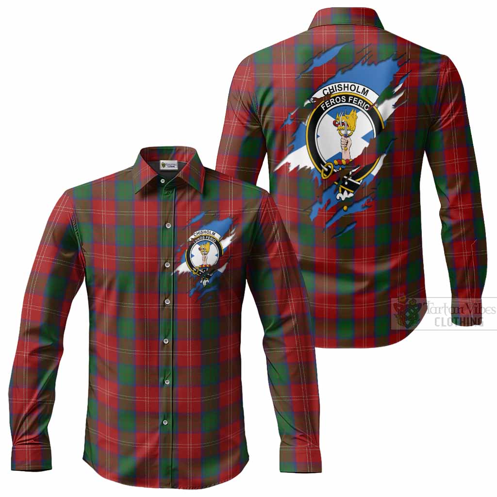 Chisholm Clan Crest In Me Tartan Long Sleeve Button Shirts Scotland Flag Style