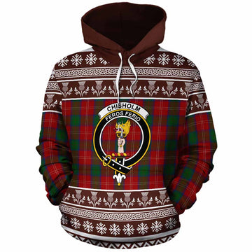 Chisholm Clan Tartan Christmas Cotton Hoodie with Family Crest