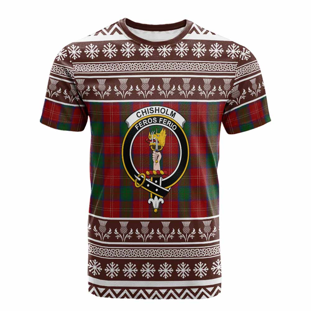 Chisholm Clan Tartan Christmas Cotton T-shirt with Family Crest - Tartan Vibes Clothing