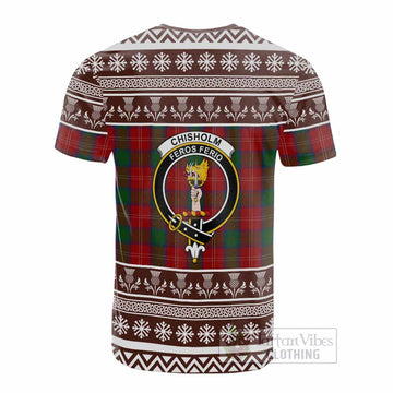 Chisholm Clan Tartan Christmas Cotton T-shirt with Family Crest