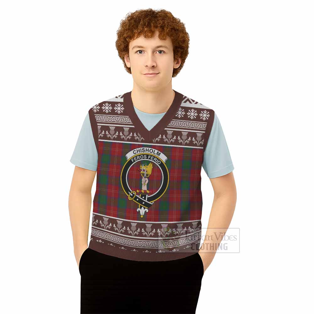 Chisholm Clan Tartan Christmas Knitted V-Neck Vest with Family Crest - Tartan Vibes Clothing