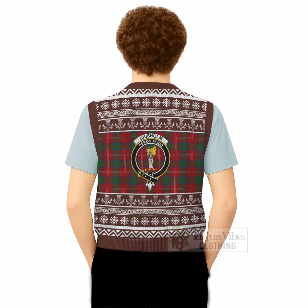 Chisholm Clan Tartan Christmas Knitted V-Neck Vest with Family Crest - Tartan Vibes Clothing