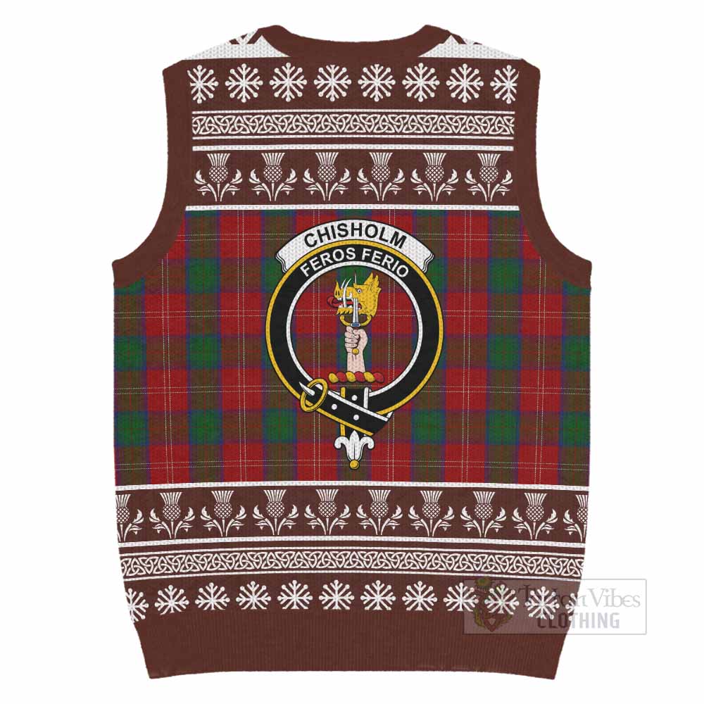 Chisholm Clan Tartan Christmas Knitted V-Neck Vest with Family Crest - Tartan Vibes Clothing