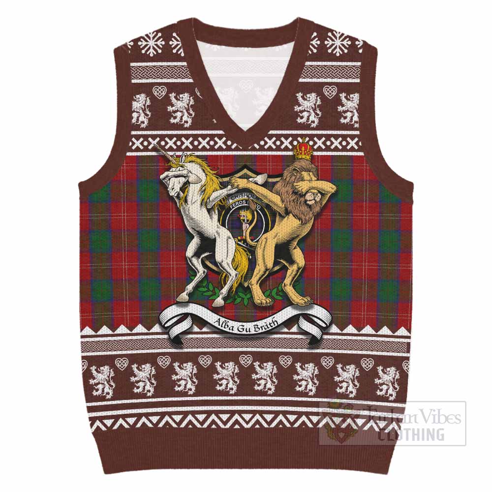 Chisholm Clan Tartan Crest Christmas Knitted V-Neck Vest Coat of Arms Funny Style - Tartan Vibes Clothing