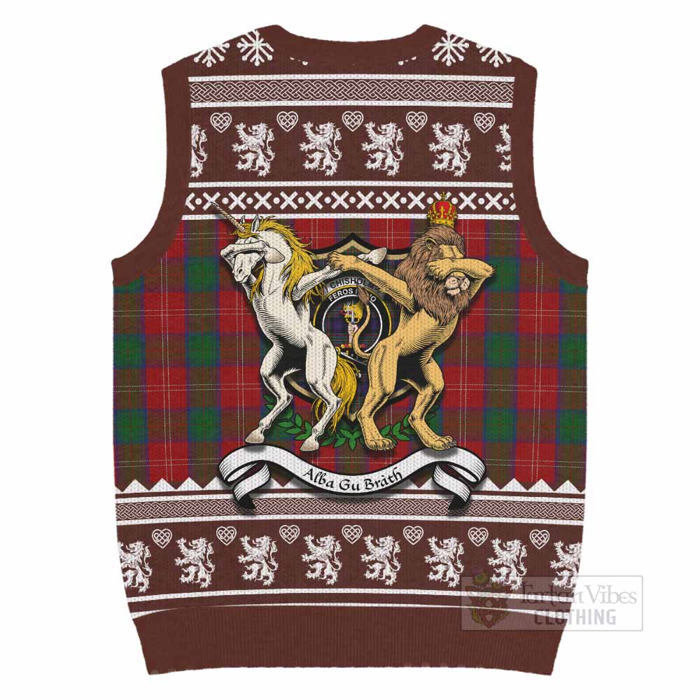Chisholm Clan Tartan Crest Christmas Knitted V-Neck Vest Coat of Arms Funny Style - Tartan Vibes Clothing