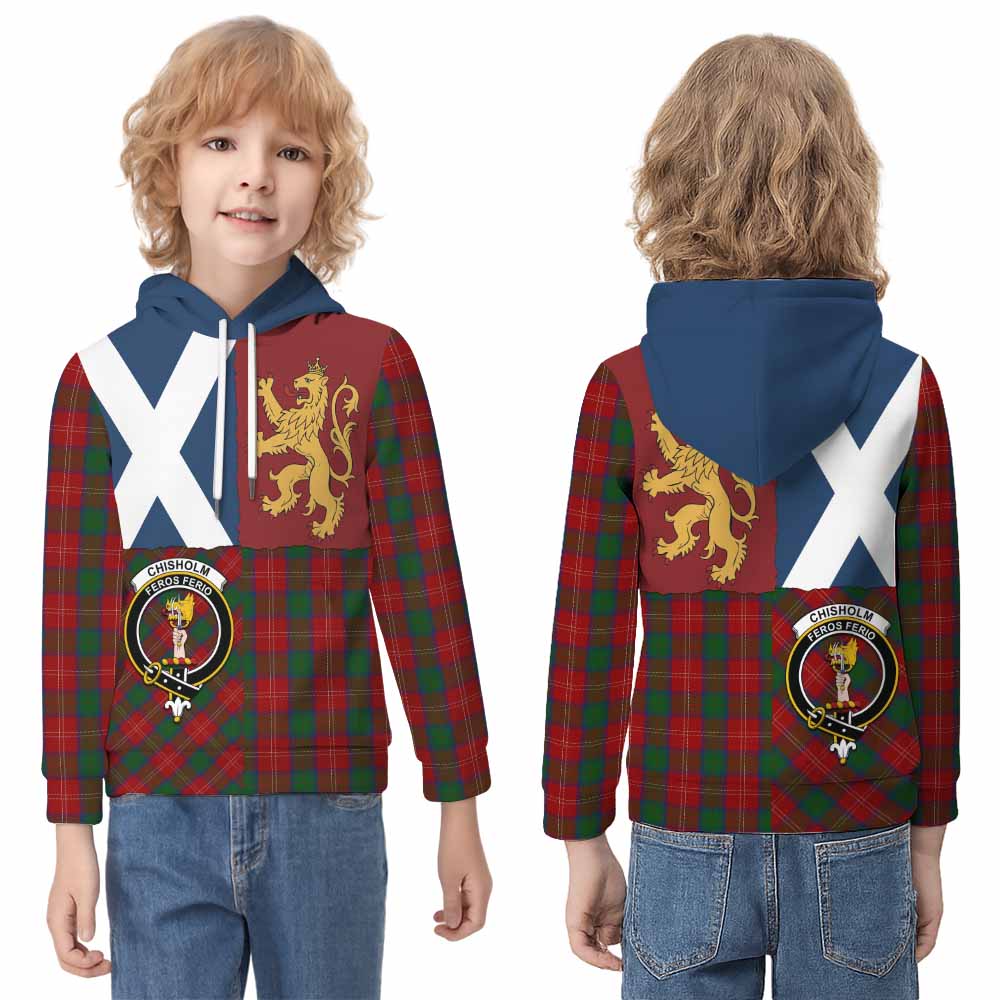 Chisholm Crest Tartan Kid Hoodie with Lion Rampant Saltire Style - Tartan Vibes Clothing