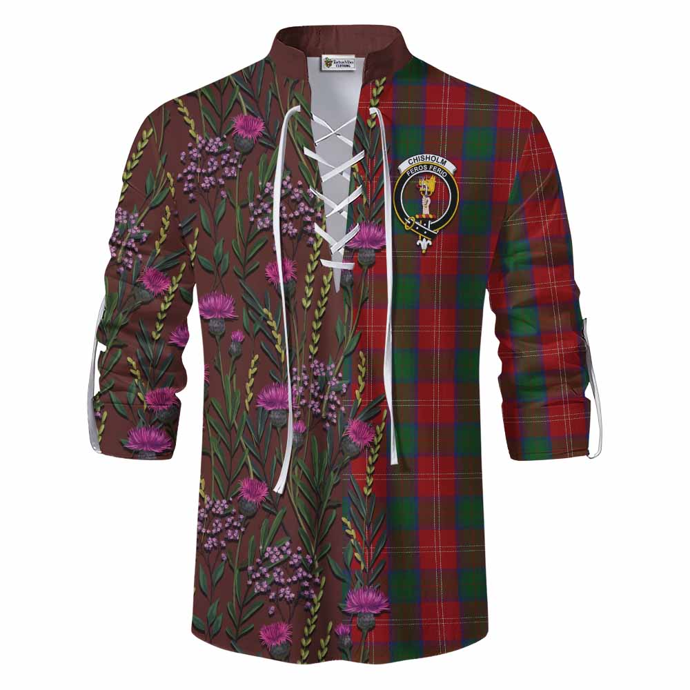 Chisholm Family Crest Tartan Ghillie Shirt Scottish Thistle Flower Pattern Half Style - Tartan Vibes Clothing