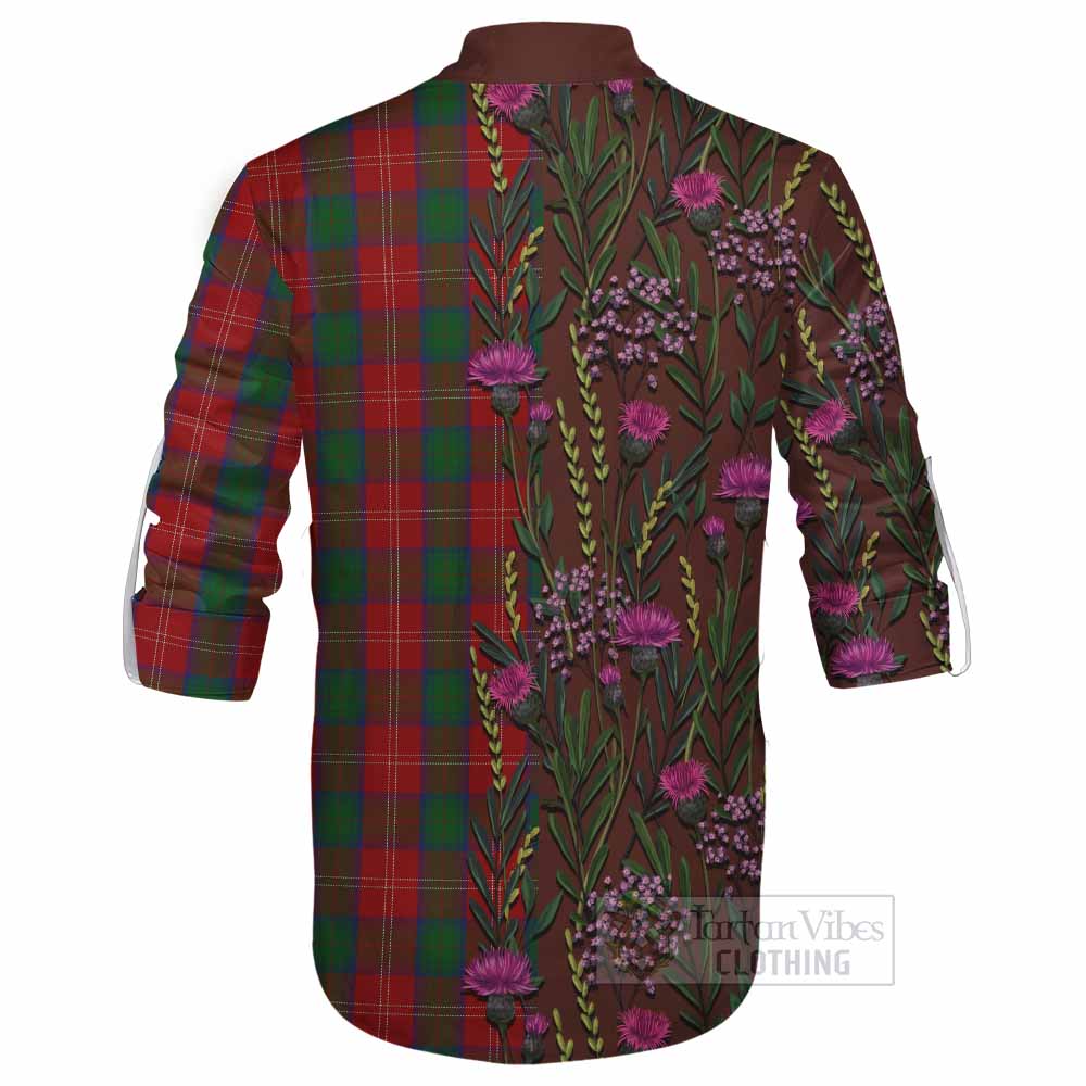 Chisholm Family Crest Tartan Ghillie Shirt Scottish Thistle Flower Pattern Half Style - Tartan Vibes Clothing