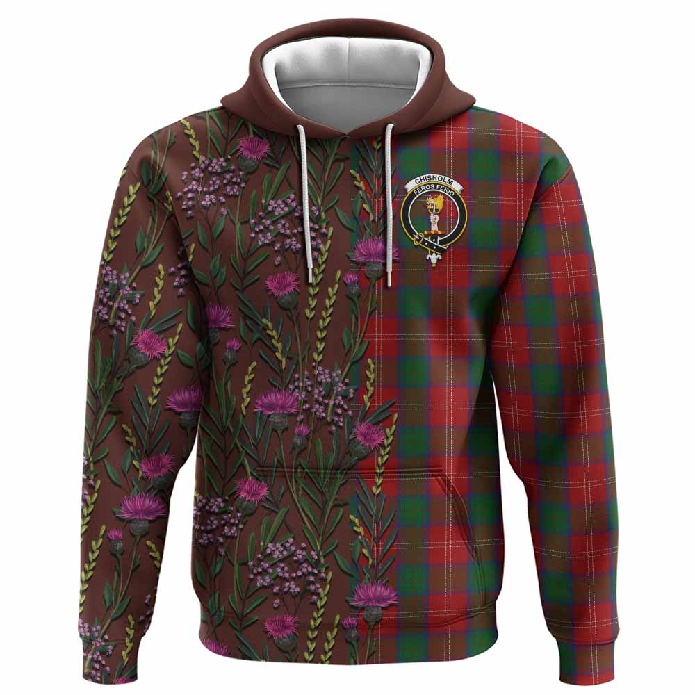 Chisholm Family Crest Tartan Hoodie Scottish Thistle Flower Pattern Half Style - Tartan Vibes Clothing