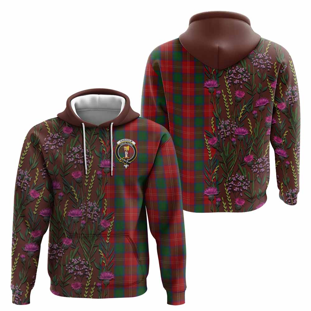 Chisholm Family Crest Tartan Hoodie Scottish Thistle Flower Pattern Half Style - Tartan Vibes Clothing