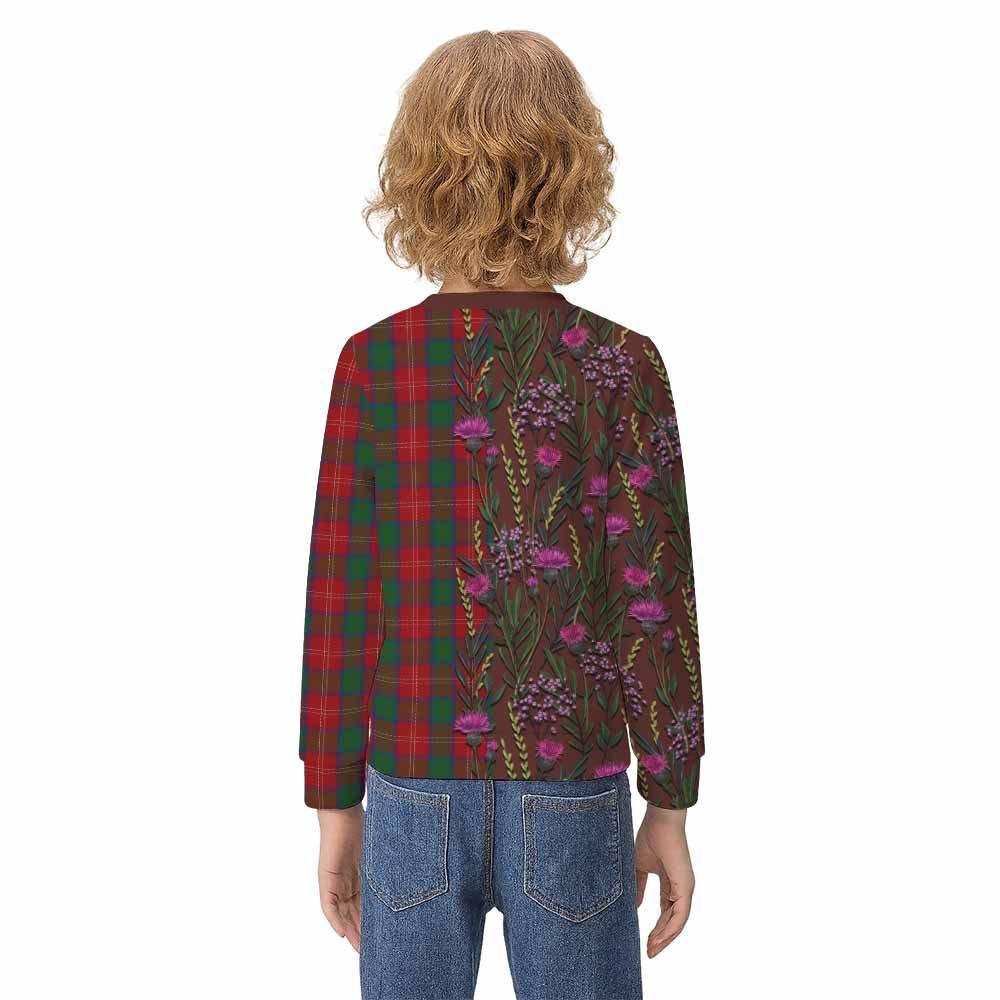 Chisholm Family Crest Tartan Kid Knitted Sweatshirt Scottish Thistle Flower Pattern Half Style - Tartan Vibes Clothing