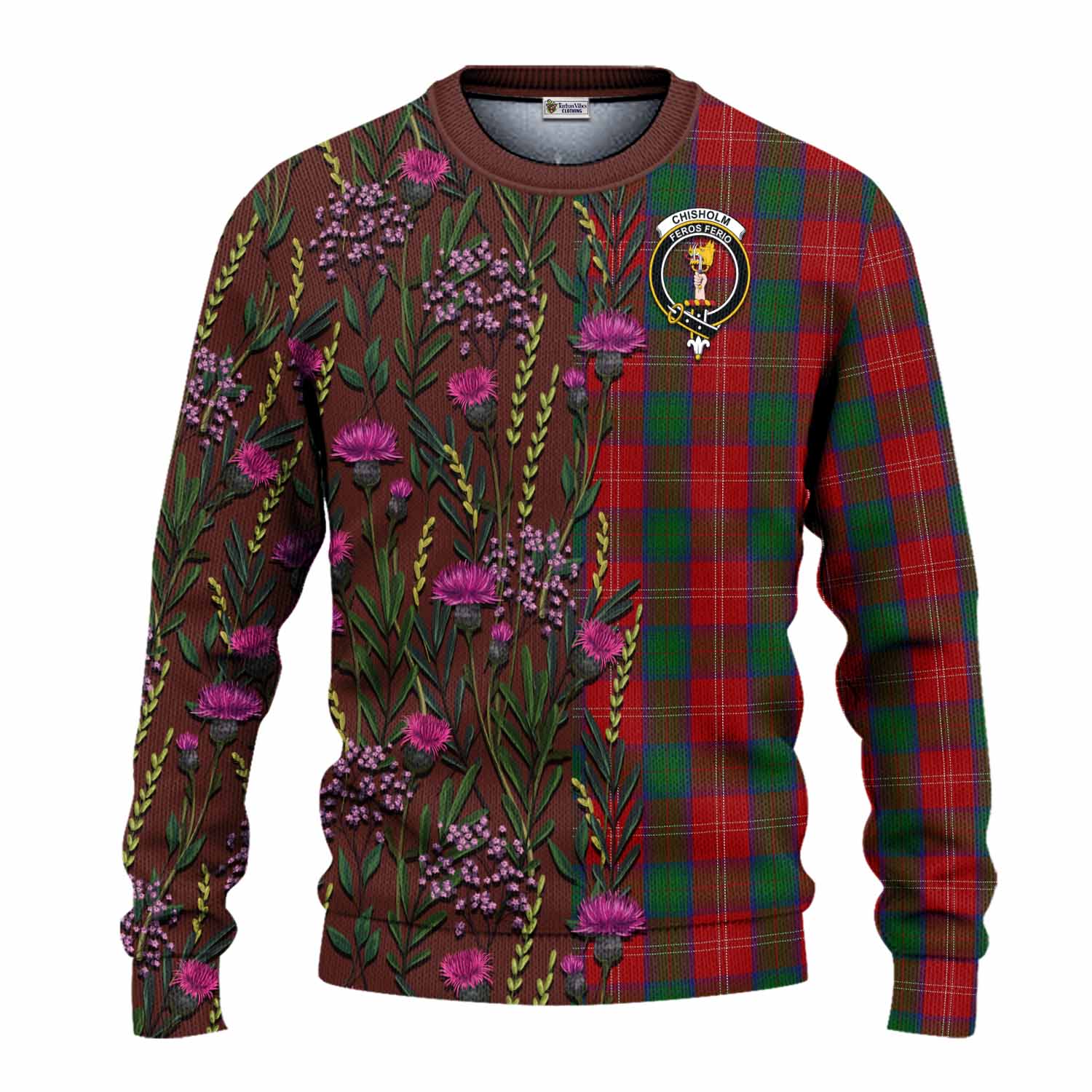 Chisholm Family Crest Tartan Knitted Sweater Scottish Thistle Flower Pattern Half Style - Tartan Vibes Clothing