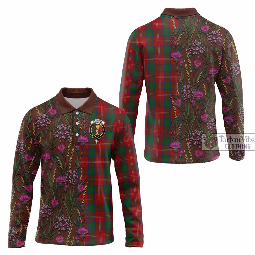 Chisholm Family Crest Tartan Long Sleeve Polo Shirt Scottish Thistle Flower Pattern Half Style - Tartan Vibes Clothing