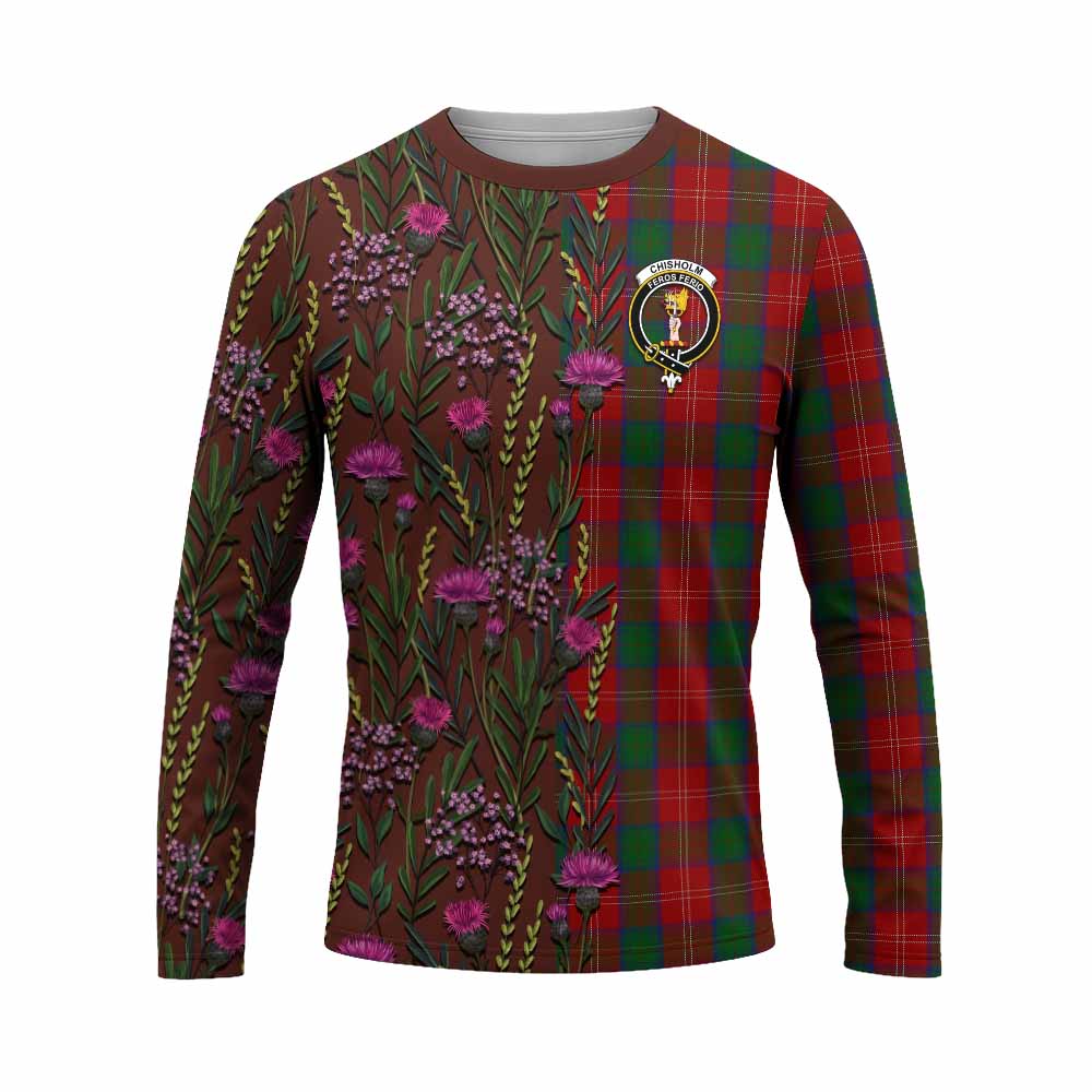 Chisholm Family Crest Tartan Long Sleeve T-Shirt Scottish Thistle Flower Pattern Half Style - Tartan Vibes Clothing