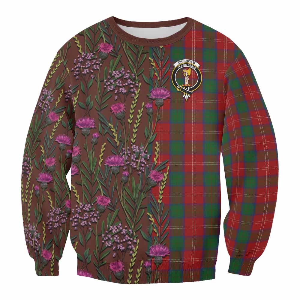 Chisholm Family Crest Tartan Sweatshirt Scottish Thistle Flower Pattern Half Style - Tartan Vibes Clothing