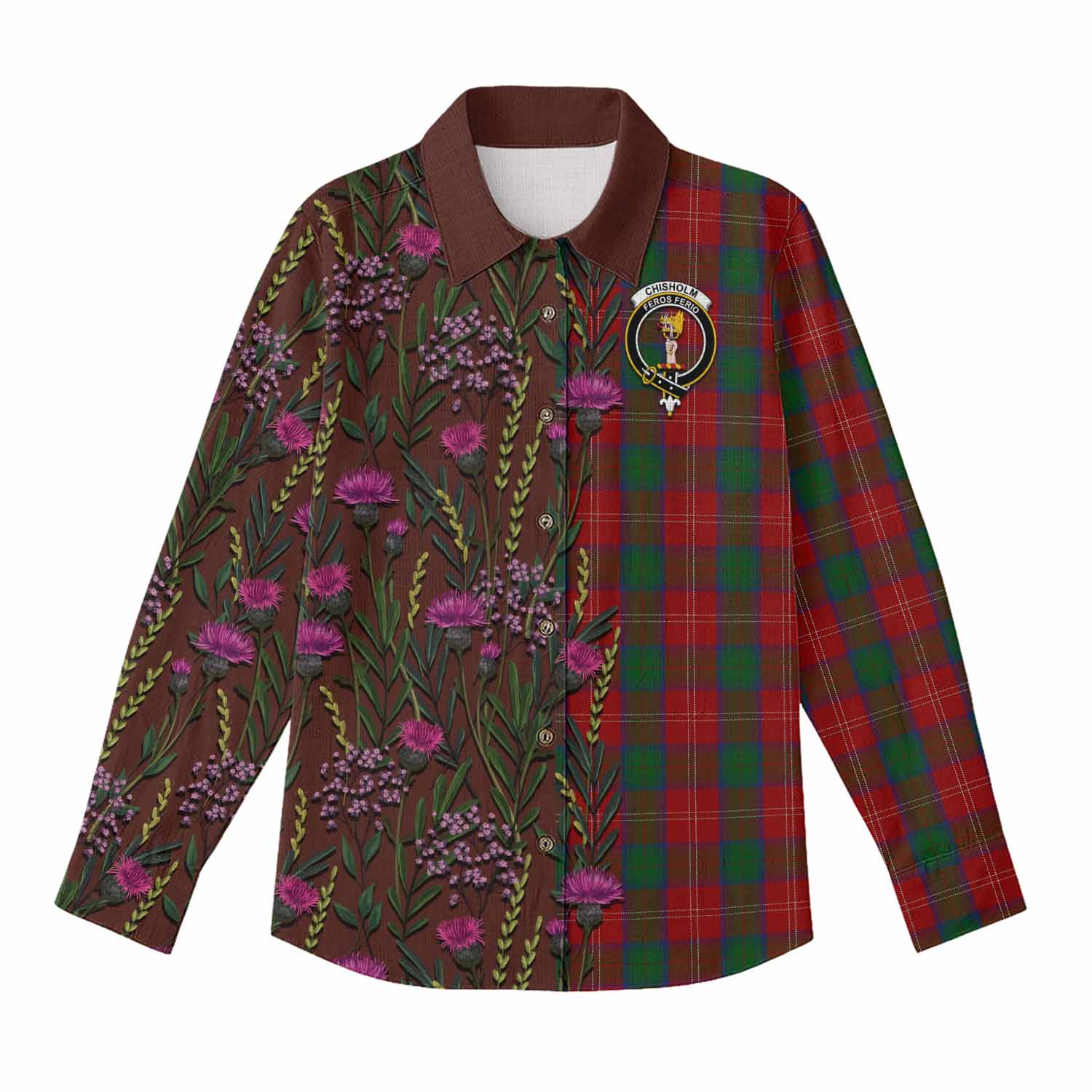 Chisholm Family Crest Tartan Women Casual Shirt Scottish Thistle Flower Pattern Half Style - Tartan Vibes Clothing