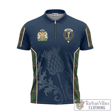 Chisholm Hunting Tartan Zipper Polo Shirt with Family Crest and Scottish Thistle Vibes Sport Style