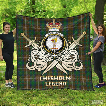 Chisholm Hunting Tartan Quilt with Clan Crest and the Golden Sword of Courageous Legacy